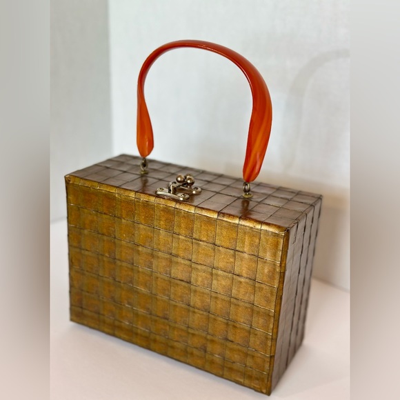 Beautiful 1960s Wood Box Purse w Brown and Gold Iridescent Weaved Style Finish - Picture 4 of 10